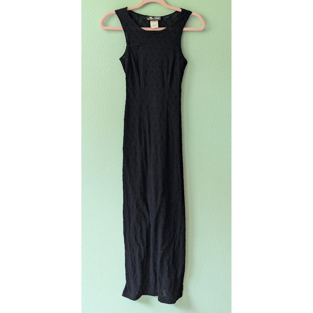 Up Front Vintage 90s Black Textured Nylon Bodycon Maxi Dress Indie Sleaze‎ Small